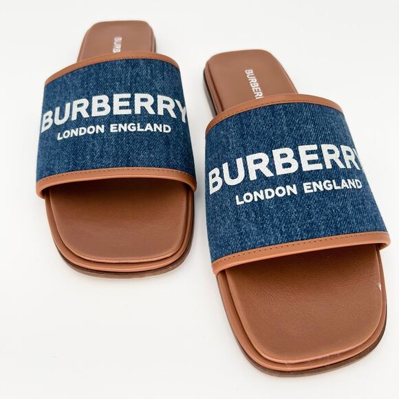 BURBERRY Carolyn Denim Logo Flat Slide EU 38.5 US 8.5 Blue Brown Two Tone Sandal - Picture 1 of 11